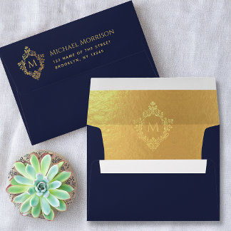Monogram Navy Blue Elegant Faux Gold Crest Address Envelope