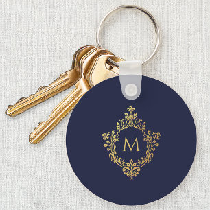 Monogram Navy Blue Elegant Faux Gold Crest Initial Key Ring