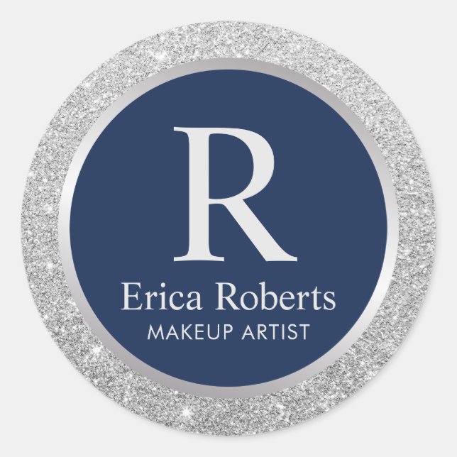 Monogram Navy Blue Elegant Silver Glitter Classic Round Sticker (Front)