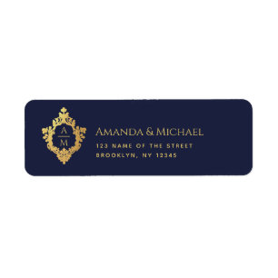 Monogram Navy Blue Faux Gold Crest Vintage Wedding