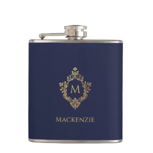 Monogram Navy Blue Faux Gold Elegant Vintage Crest Hip Flask