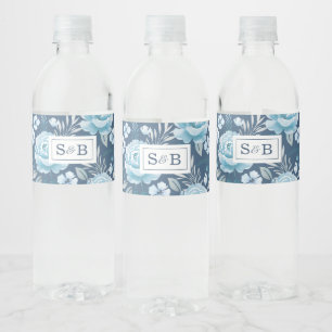 Monogram Navy Blue Floral Wedding Water Bottle Label