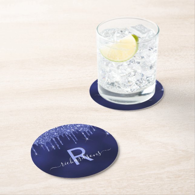Monogram navy blue glitter drips luxurious round paper coaster (Insitu)