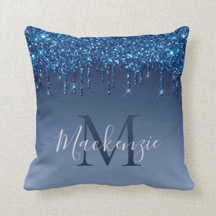 Monogram Navy Blue Glitter Modern Chic Sparkly  Cushion