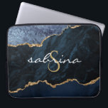 Monogram Navy Blue Gold Agate Geode Laptop Sleeve<br><div class="desc">This chic design features an elegant watercolor image of navy blue agate trimmed with faux gold glitter. Personalise it with your monogram initial in gold coloured decorative font and your name in white handwriting script.</div>