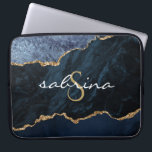 Monogram Navy Blue Gold Agate Geode Laptop Sleeve<br><div class="desc">This chic design features an elegant watercolor image of navy blue agate trimmed with faux gold glitter. Personalise it with your monogram initial in gold coloured decorative font and your name in white handwriting script.</div>