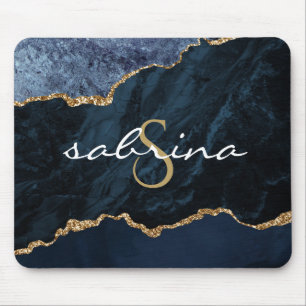 Monogram Navy Blue Gold Agate Geode Mouse Mat