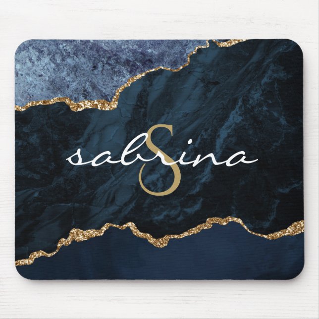 Monogram Navy Blue Gold Agate Geode Mouse Mat (Front)