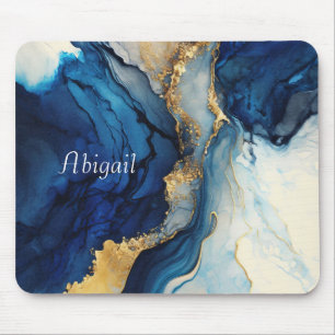 Monogram Navy Blue Gold Agate Marble Watercolor Mouse Mat