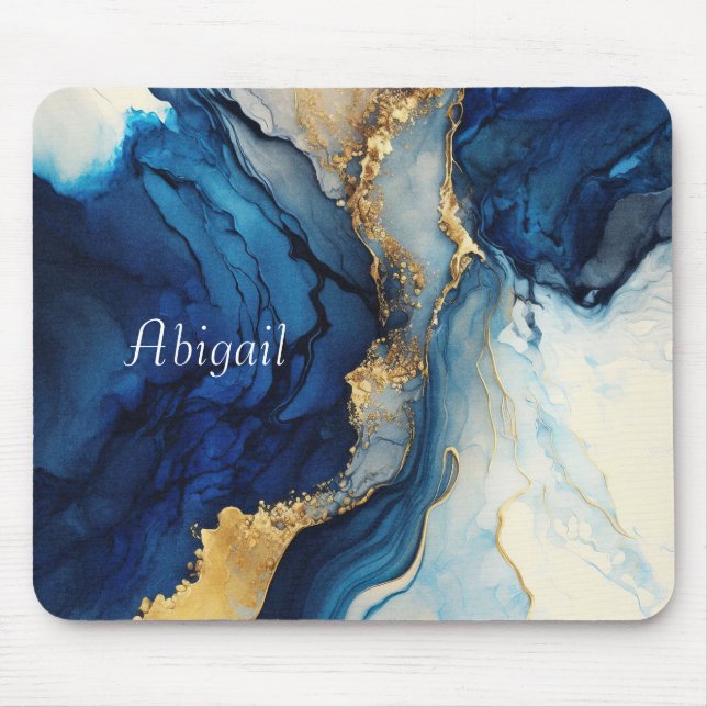 Monogram Navy Blue Gold Agate Marble Watercolor  Mouse Mat (Front)