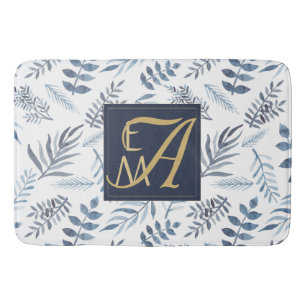 Monogram Navy Blue Gold Botanical Leaves Ferns Bath Mat