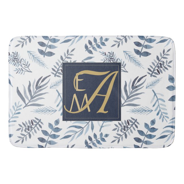 Monogram Navy Blue Gold Botanical Leaves Ferns Bath Mat (Front)