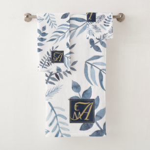 Monogram Navy Blue Gold Botanical Leaves Ferns Bath Towel Set