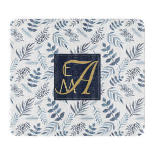 Monogram Navy Blue Gold Botanical Leaves Ferns Cutting Board