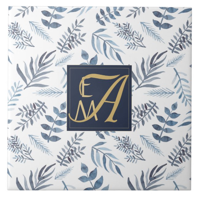 Monogram Navy Blue Gold Botanical Leaves Ferns Tile (Front)