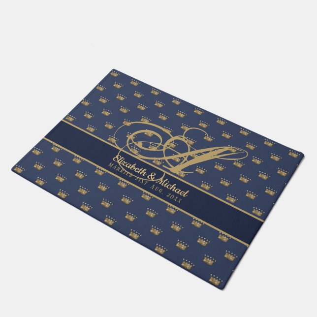 Monogram Navy Blue Gold Crown King Queen NEWLYWEDS Doormat (Angled)