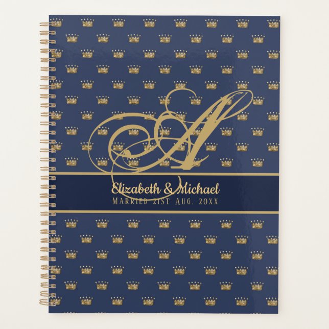 Monogram Navy Blue Gold Crown King Queen NEWLYWEDS Planner (Front)