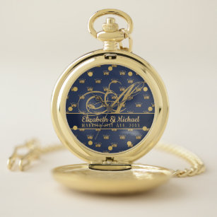 Monogram Navy Blue Gold Crown King Queen NEWLYWEDS Pocket Watch