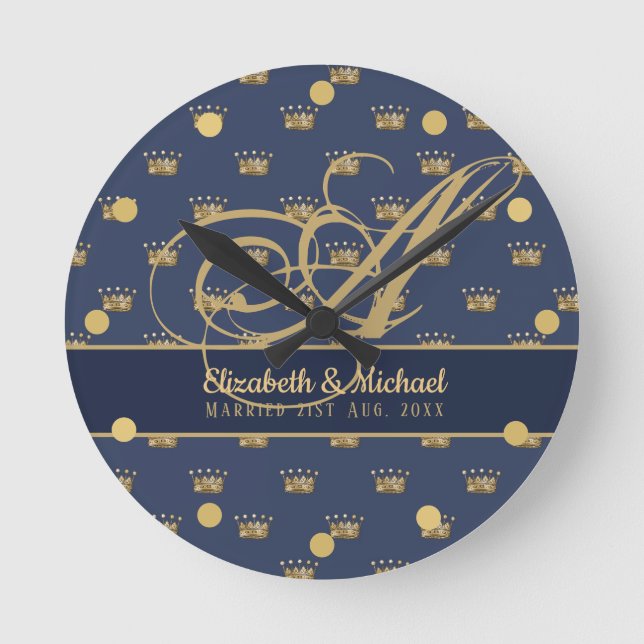 Monogram Navy Blue Gold Crown King Queen NEWLYWEDS Round Clock (Front)