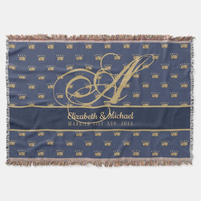 Monogram Navy Blue Gold Crown King Queen NEWLYWEDS Throw Blanket (Front)