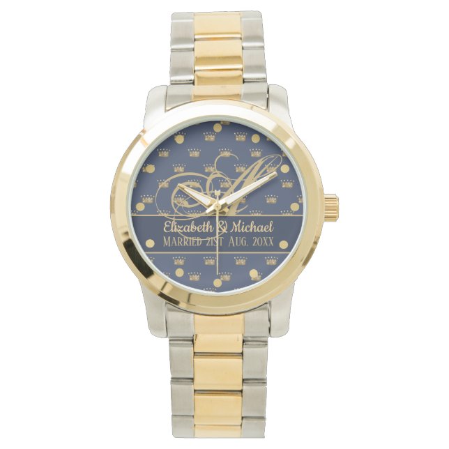 Monogram Navy Blue Gold Crown King Queen NEWLYWEDS Watch (Front)