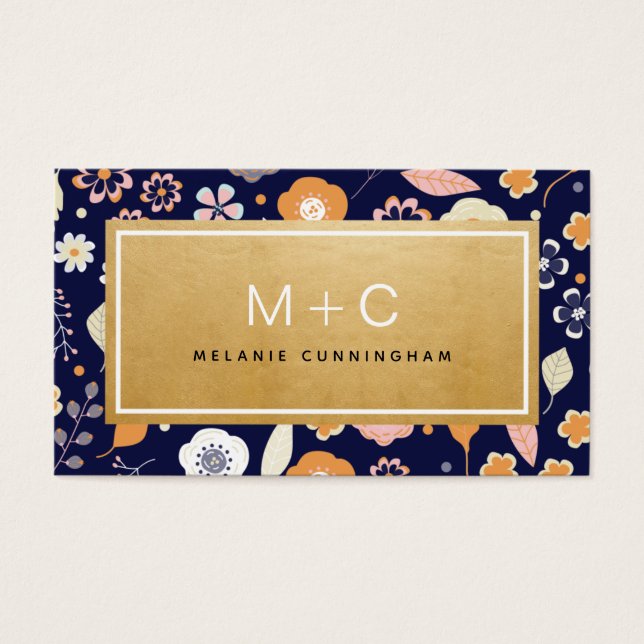 Monogram Navy Blue Gold Flowers Business Cards (Front)