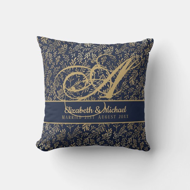 Monogram Navy Blue Gold Leaf Newlyweds Wedding Cushion (Front)