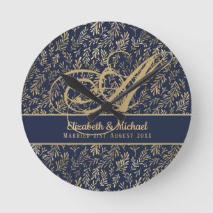 Monogram Navy Blue Gold Leaf Newlyweds Wedding Round Clock