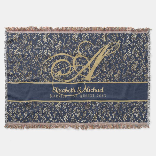Monogram Navy Blue Gold Leaf Newlyweds Wedding Throw Blanket (Front)