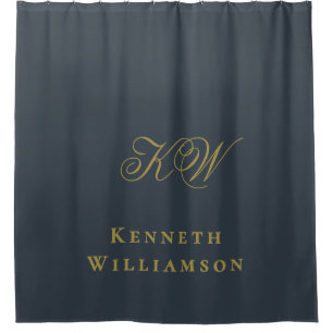 Monogram Navy Blue Gold Name Minimalist Men Shower Curtain