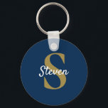 Monogram Navy Blue Gold Personalised Name Key Ring<br><div class="desc">This simple classic personalised monogram navy blue and gold keychain is great for birthday,  father’s day,  and holiday gifts,  wedding favours,  and more.
*If you need design assistance or would like matching products or other colorways,  please contact me through Zazzle.</div>