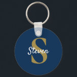 Monogram Navy Blue Gold Personalised Name Key Ring<br><div class="desc">This simple classic personalised monogram navy blue and gold keychain is great for birthday,  father’s day,  and holiday gifts,  wedding favours,  and more.
*If you need design assistance or would like matching products or other colorways,  please contact me through Zazzle.</div>