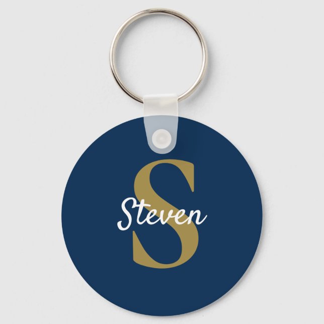 Monogram Navy Blue Gold Personalised Name Key Ring (Front)