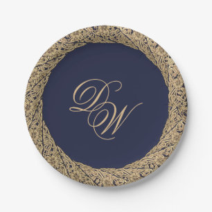 Monogram Navy Blue Gold Roses Script Vintage Paper Plate