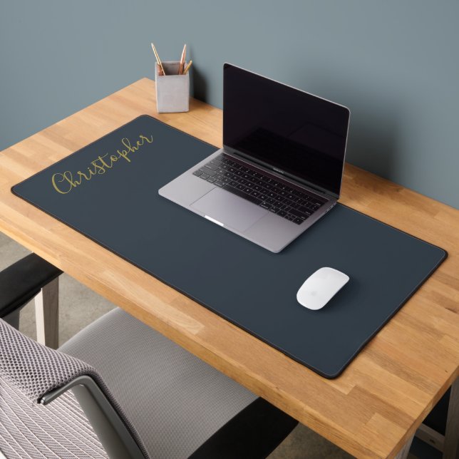 Monogram Navy Blue Gold Script Name Minimalist Men Desk Mat (Office 2)