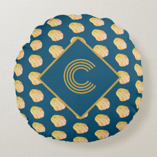 Monogram Navy Blue Gold Watercolor Clam Shells Round Cushion