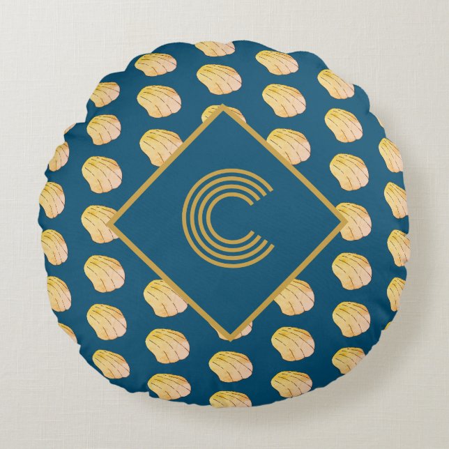 Monogram Navy Blue Gold Watercolor Clam Shells Round Cushion (Front)