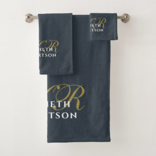 Monogram Navy Blue Gold White Minimalist Chic Men Bath Towel Set