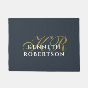 Monogram Navy Blue Gold White Minimalist Chic Men  Doormat