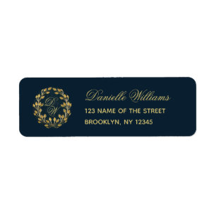 Monogram Navy Blue Gold Wreath Elegant Calligraphy