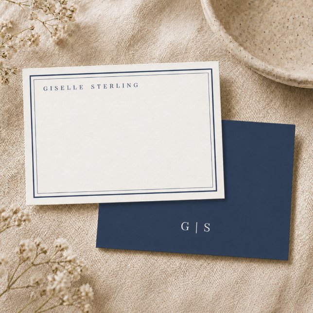 Monogram Navy Blue Ivory Double Border Card (Creator Uploaded)