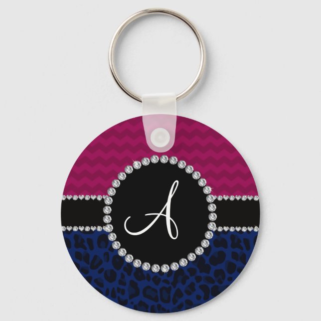 Monogram navy blue leopard plum chevrons key ring (Front)