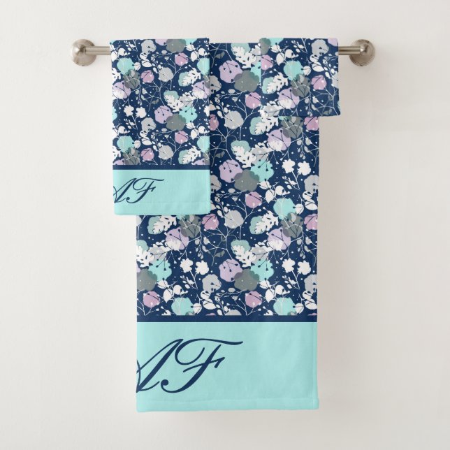 Monogram Navy Blue Light Blue White Purple Floral  Bath Towel Set (Insitu)