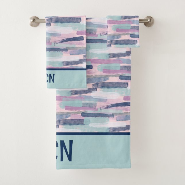 Monogram Navy Blue Lite Blue Purple White Abstract Bath Towel Set (Insitu)