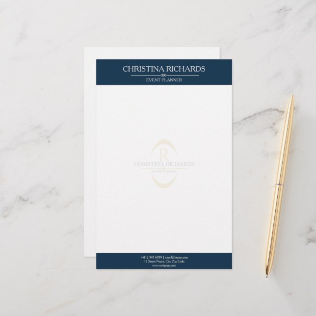 Monogram Navy Blue Modern Elegant Business Stationery (Front/Back In Situ)
