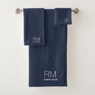 Monogram Navy Blue  Modern Minimalist Stylish  Bath Towel Set