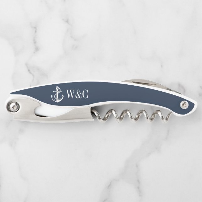 Monogram Navy Blue Nautical Boat Anchor Corkscrew (Front)
