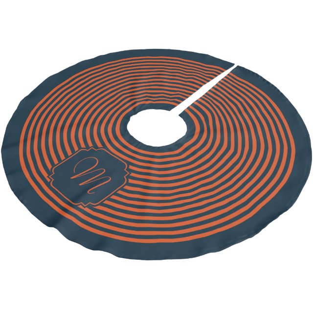 Monogram Navy Blue Orange Striped Christmas Brushed Polyester Tree Skirt (Angled)