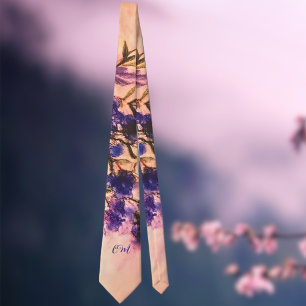 Monogram navy blue peach purple floral watercolor  tie