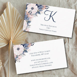 Monogram Navy Blue Pink Floral Women's Business Card